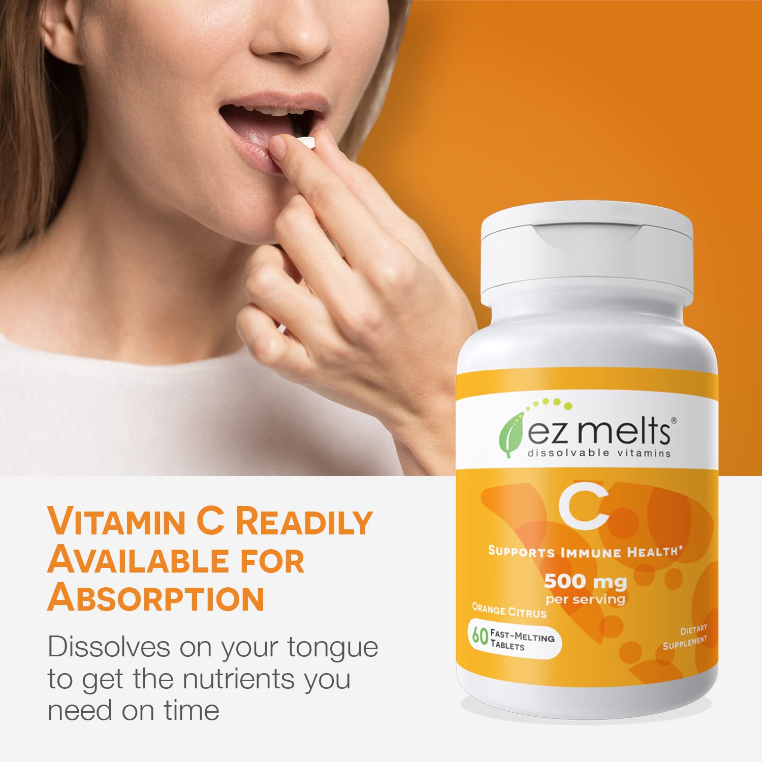 EZ Melts Vitamin C – dissolution rapide dans la bouche pour commodité.