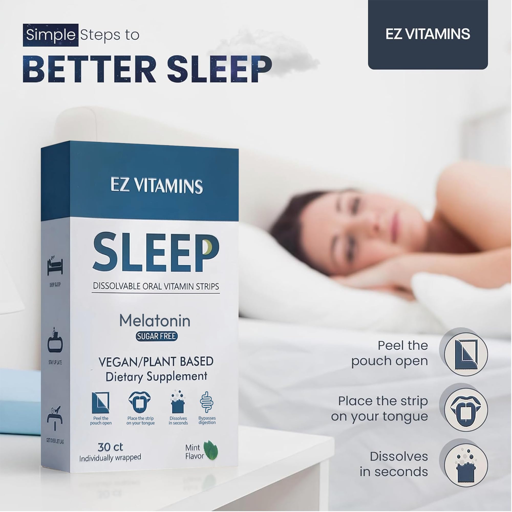 EZ VITAMINS bandes-orales-dissolvables: absorption rapide sans eau pour sommeil efficace.