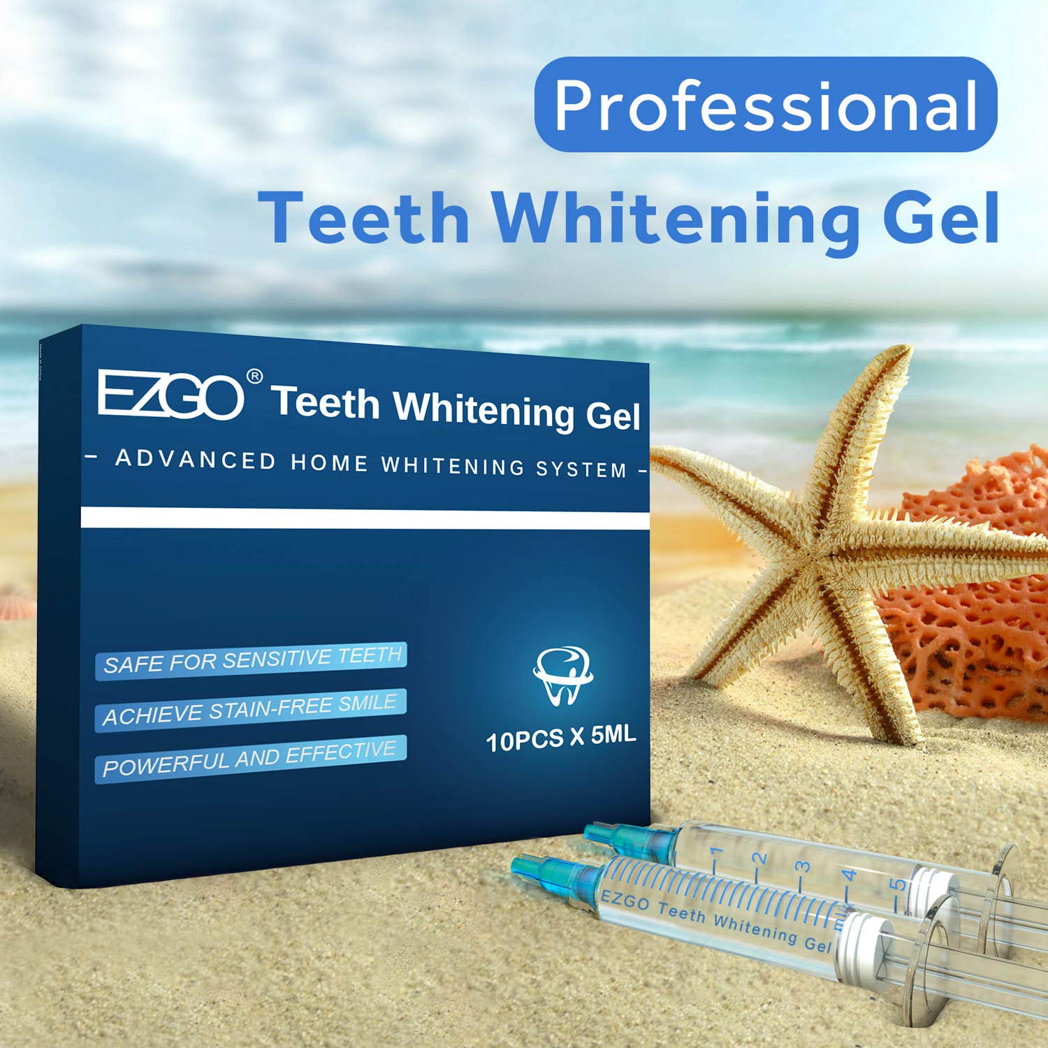 L’étui EZGO contient le gel blanchiment dents menthe de 5ml.
