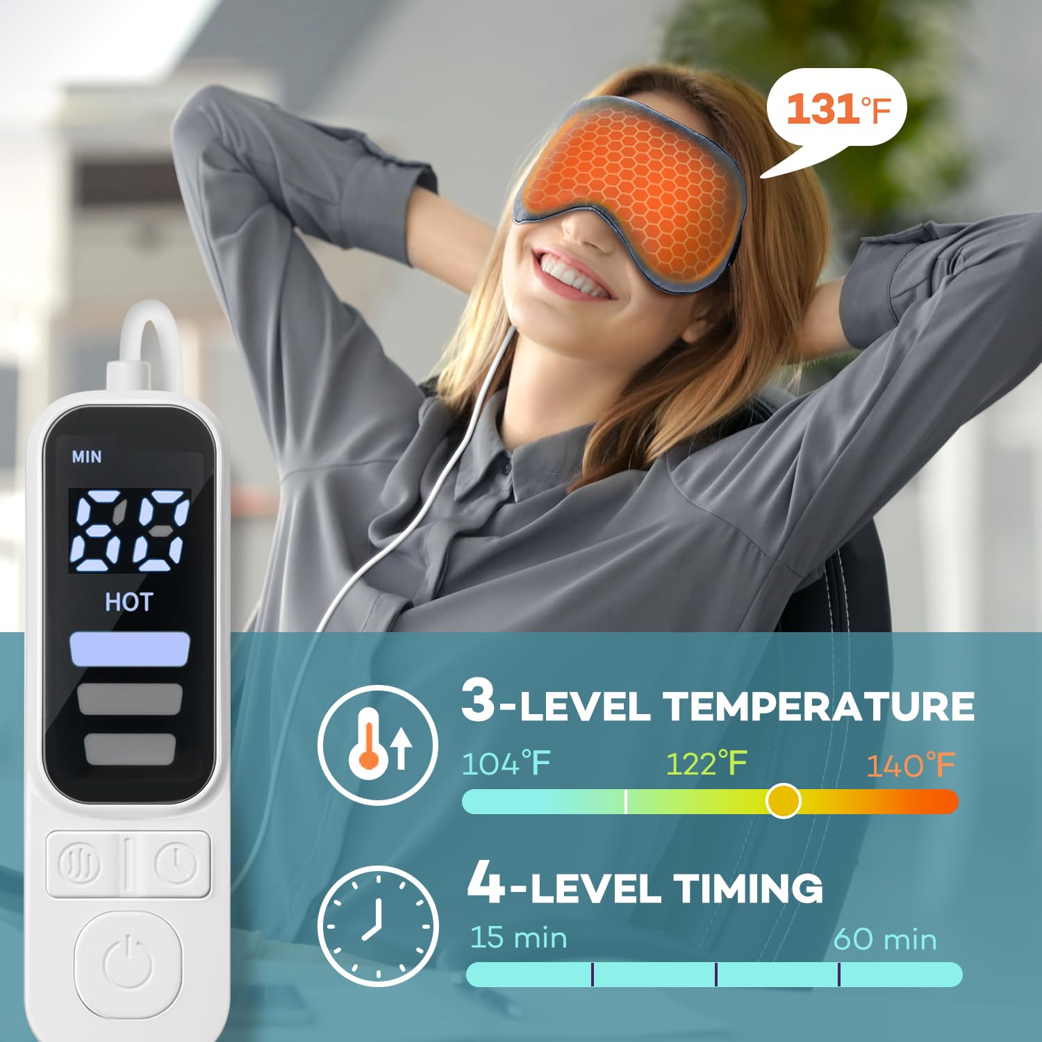 Ezona masque yeux chauffant minuterie 15-60 minutes pour une utilisation personnalisée.