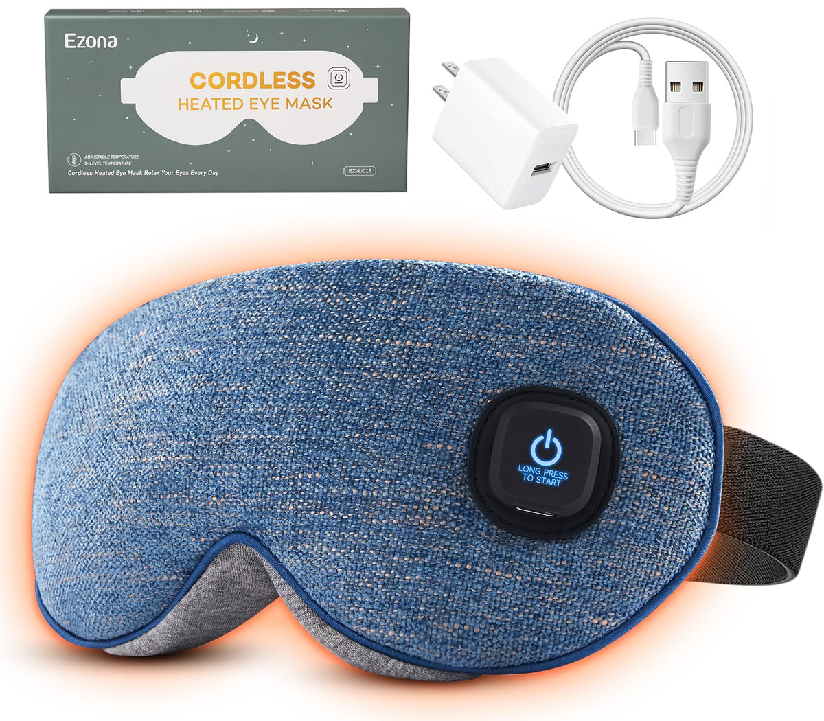 Ezona masque yeux chauffant sans-fil en coton bleu pour détente oculaire