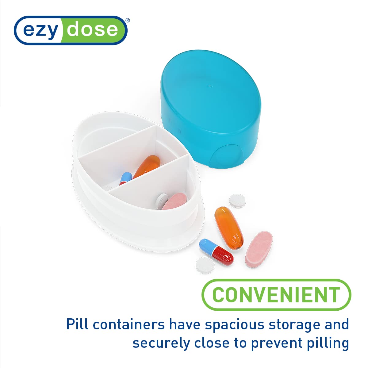 EZY DOSE: boite pilules ovale gris, compacte et légère pour voyager.