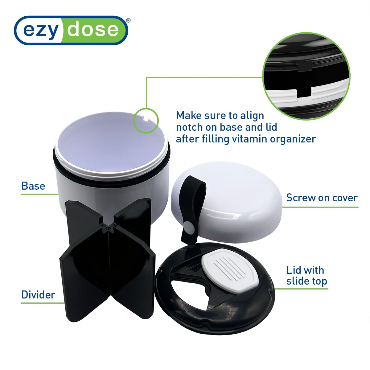 EZY DOSE Mini Organisateur quatre compartiments pour organiser les pilules.
