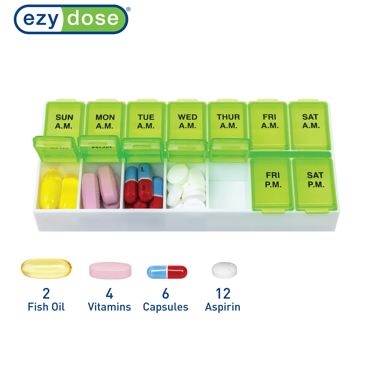 EZY DOSE compartiments arrondis facilitant le prélèvement des pilules