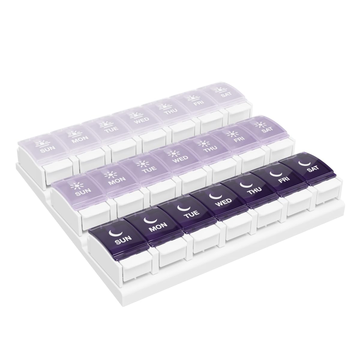 Boîte hebdomadaire EZY DOSE avec ouverture simplifiée pour pilules.