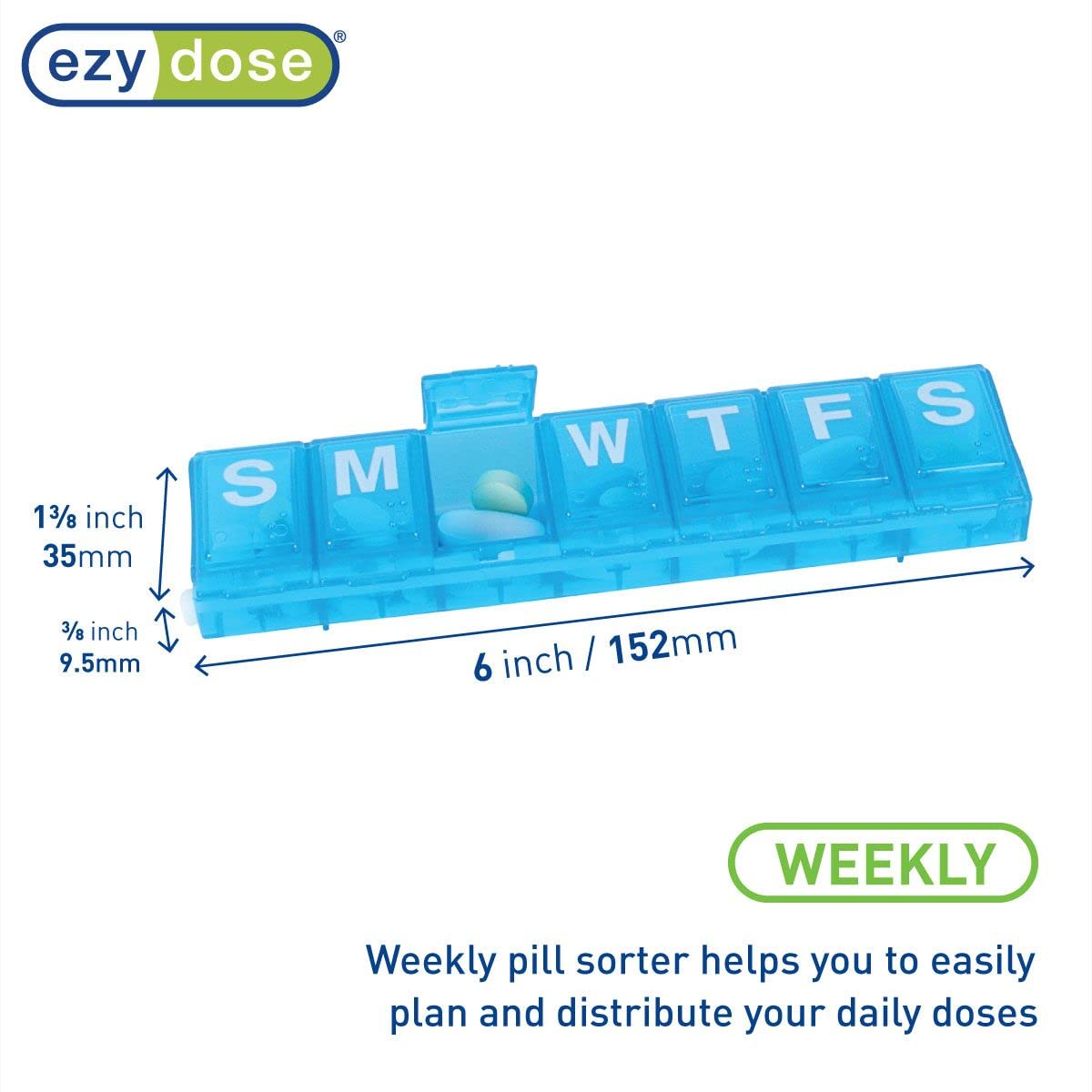EZY DOSE hebdomadaire, compartiments verrouillables, organisation hebdomadaire et accès rapide aux pilules.