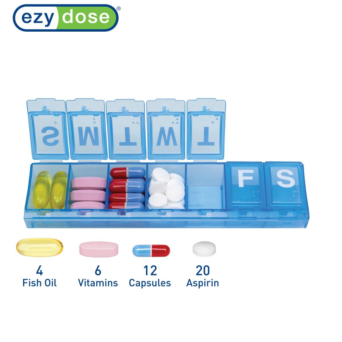 EZY DOSE hebdomadaire, grande capacité par compartiment pour pilules et vitamines.