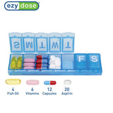 EZY DOSE hebdomadaire, grande capacité par compartiment pour pilules et vitamines.