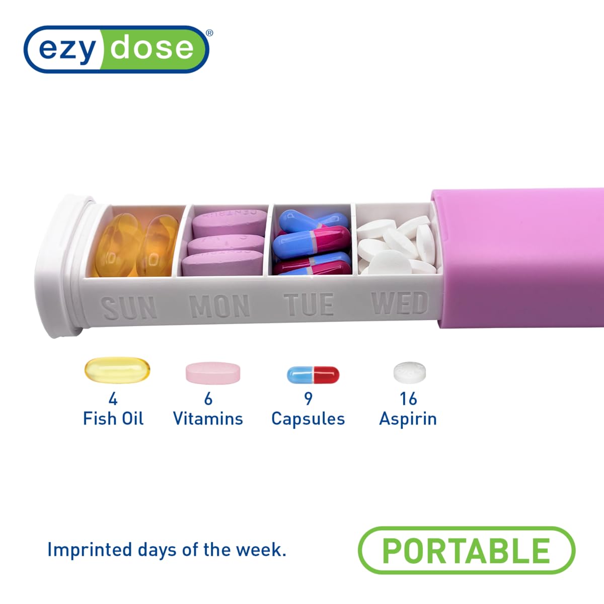 EZY DOSE Slide ouverture glissante, accès rapide aux comprimés du jour.