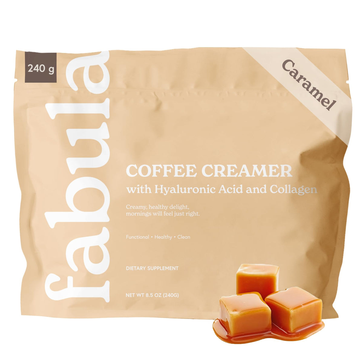 Fabula Collagen Creamer – bouteille avec goût caramel pour un café plus hydratant.