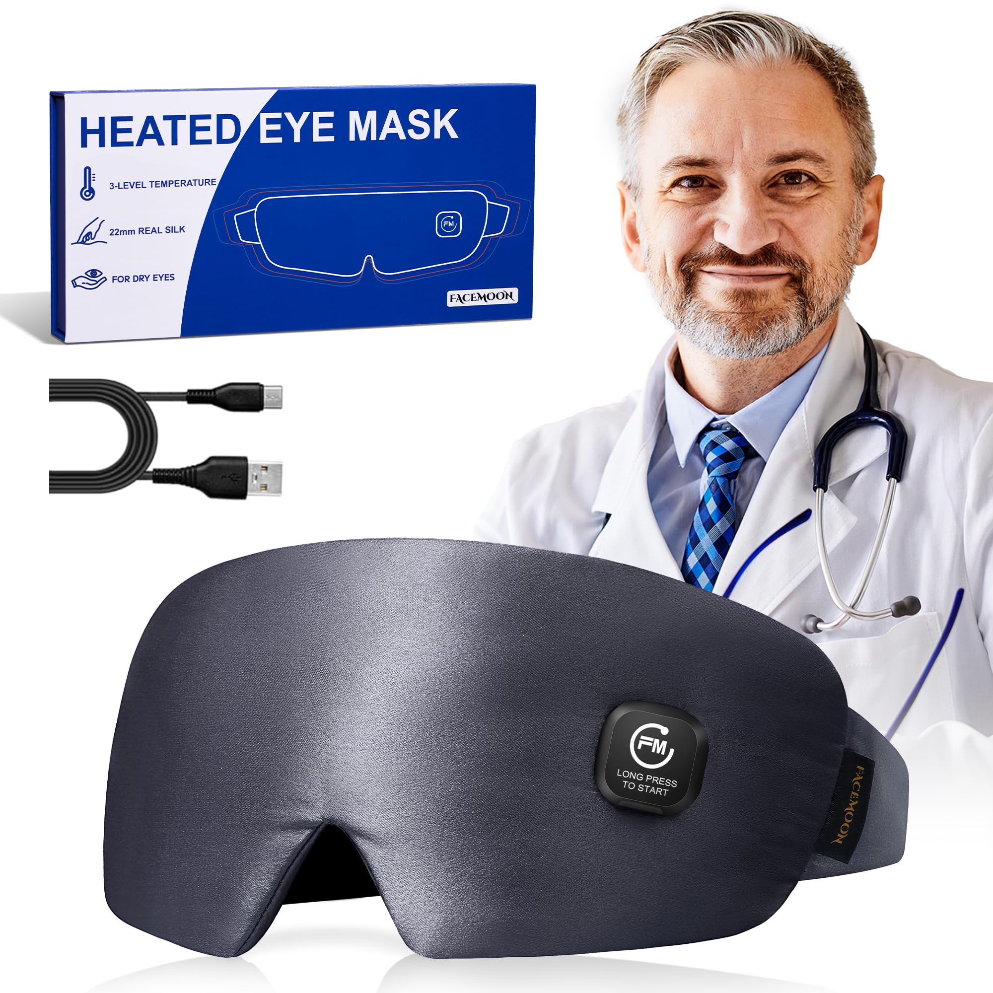 FACEMOON Masque yeux chaud soie, apaise les yeux secs grâce à une chaleur douce.