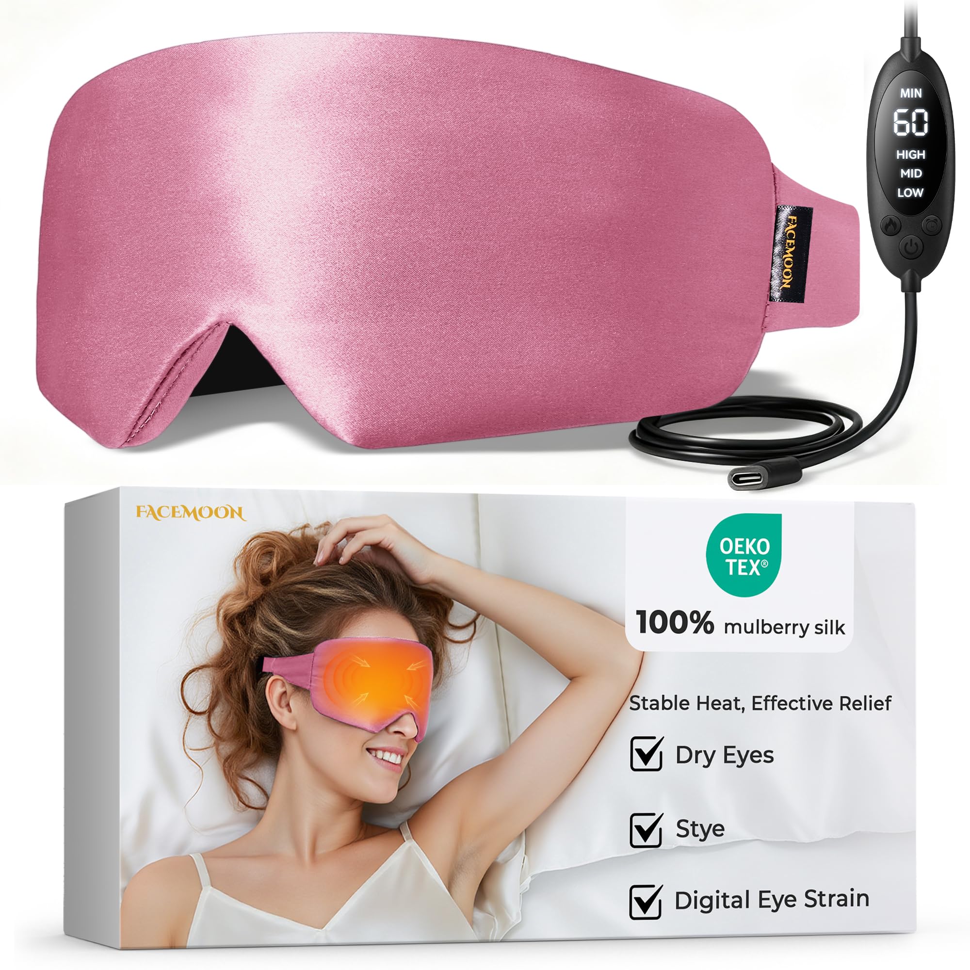 FACEMOON Masque Yeux Chauffant en Soie rose pour détente oculaire nocturne.