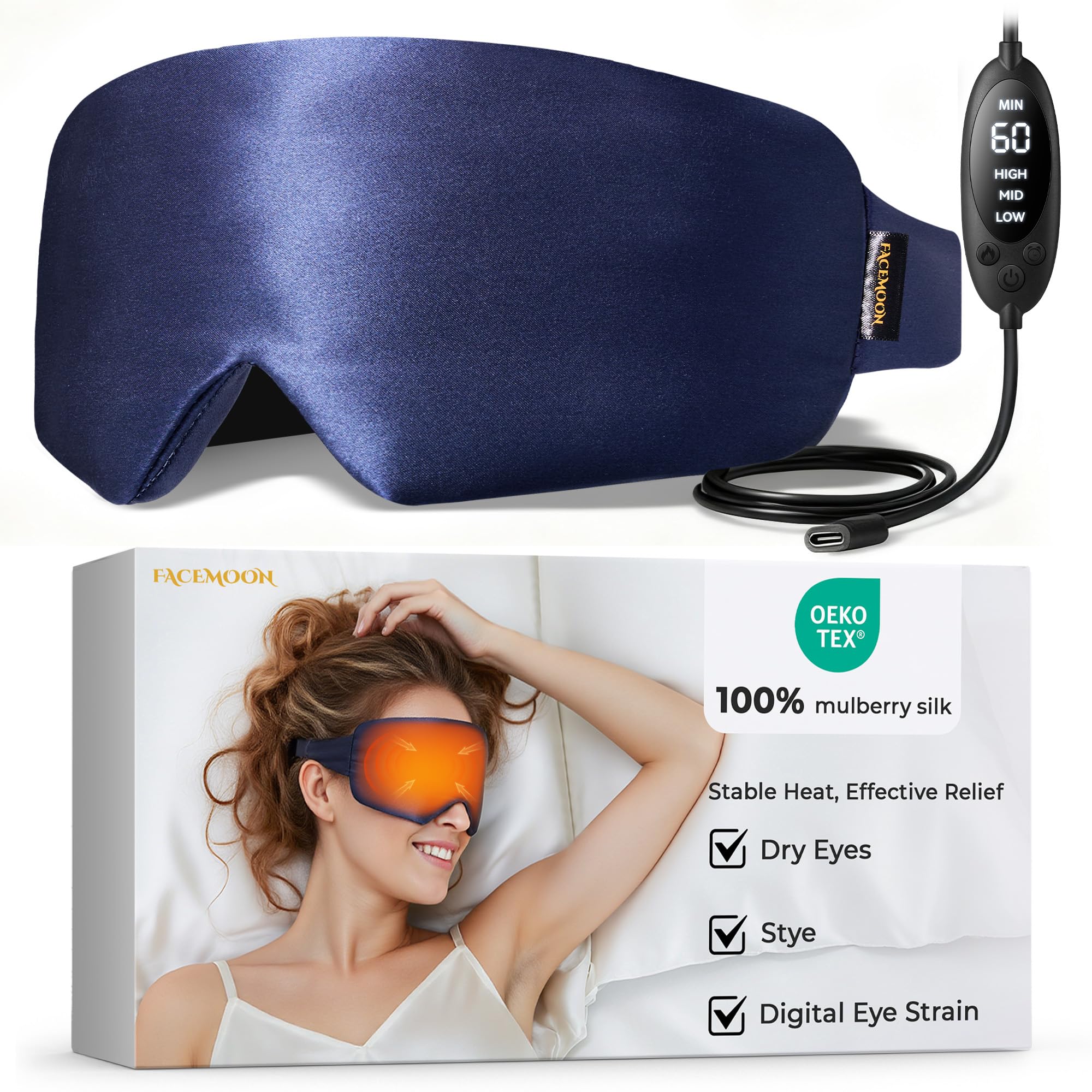 FACEMOON Masque yeux chauffant en soie, chaleur douce pour relaxer les yeux.