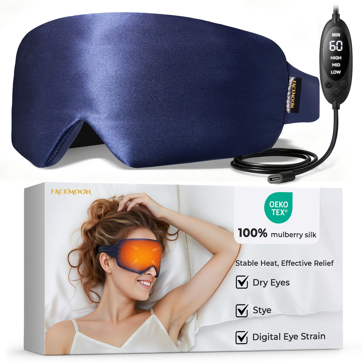 FACEMOON Masque yeux chauffant en soie, chaleur douce pour relaxer les yeux.