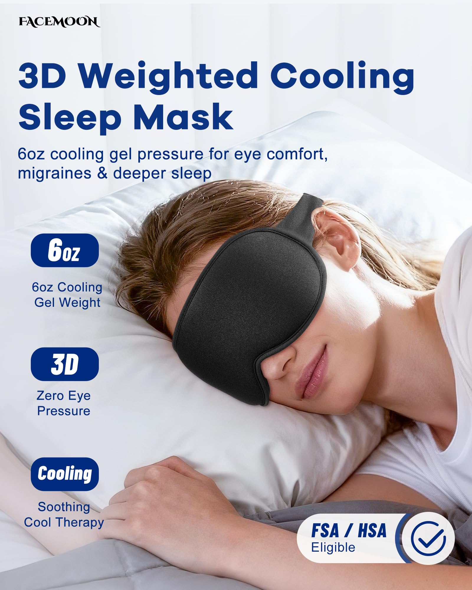 FACEMOON masque yeux poids 6oz – confort profond et détente rapide.