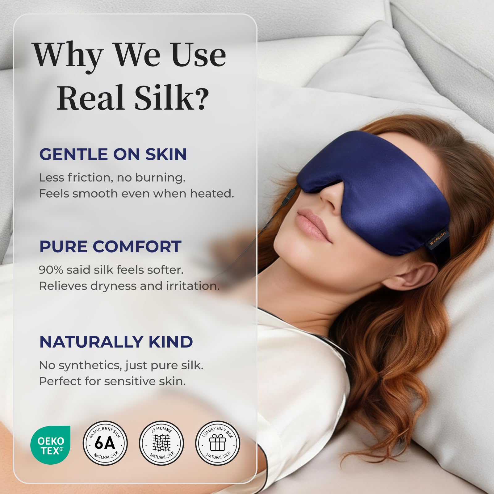 FACEMOON Masque yeux en soie lavable, entretien facile et hygiène.