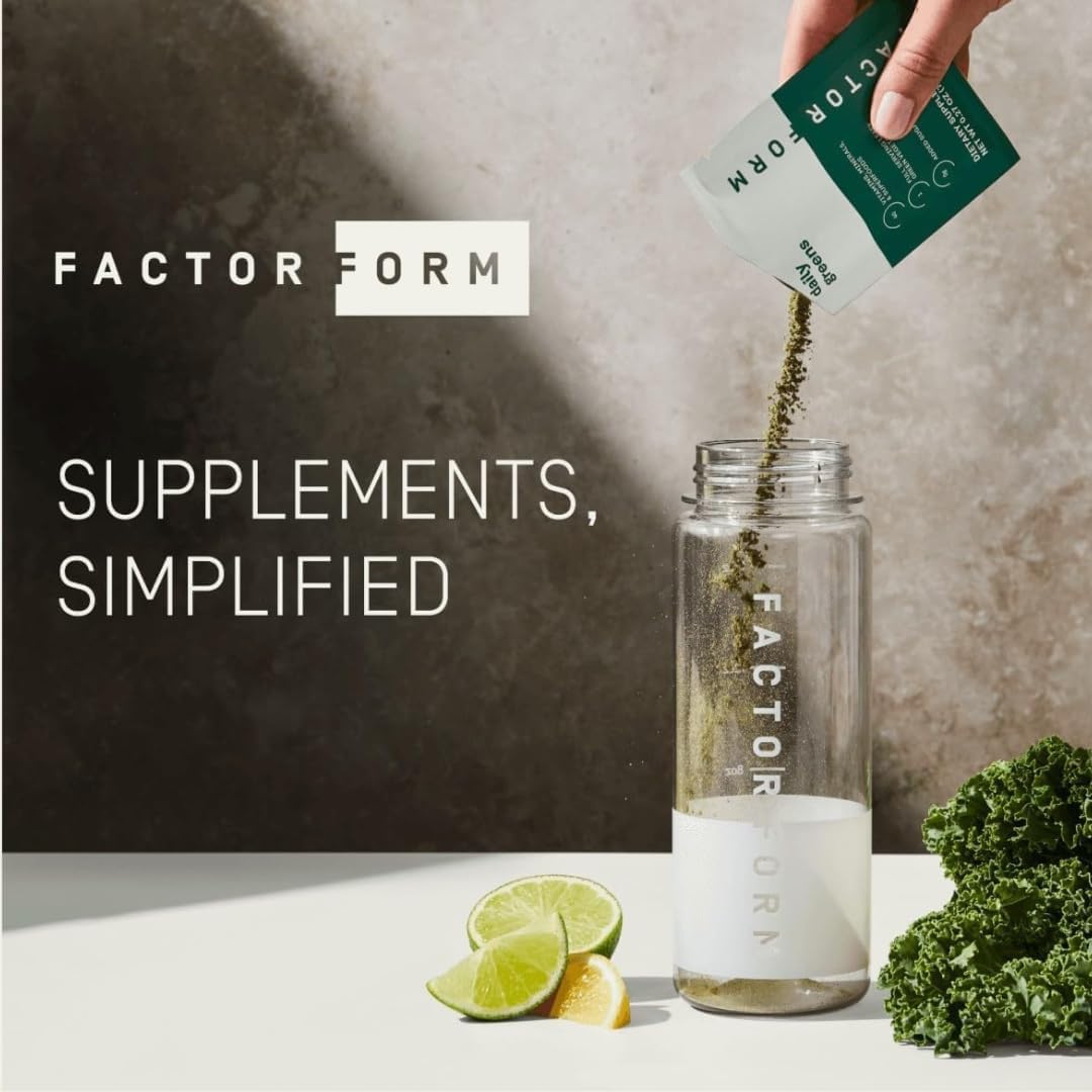 Étique nutrition Factor Form Daily Greens affichant les ingrédients et les valeurs quotidiennes.