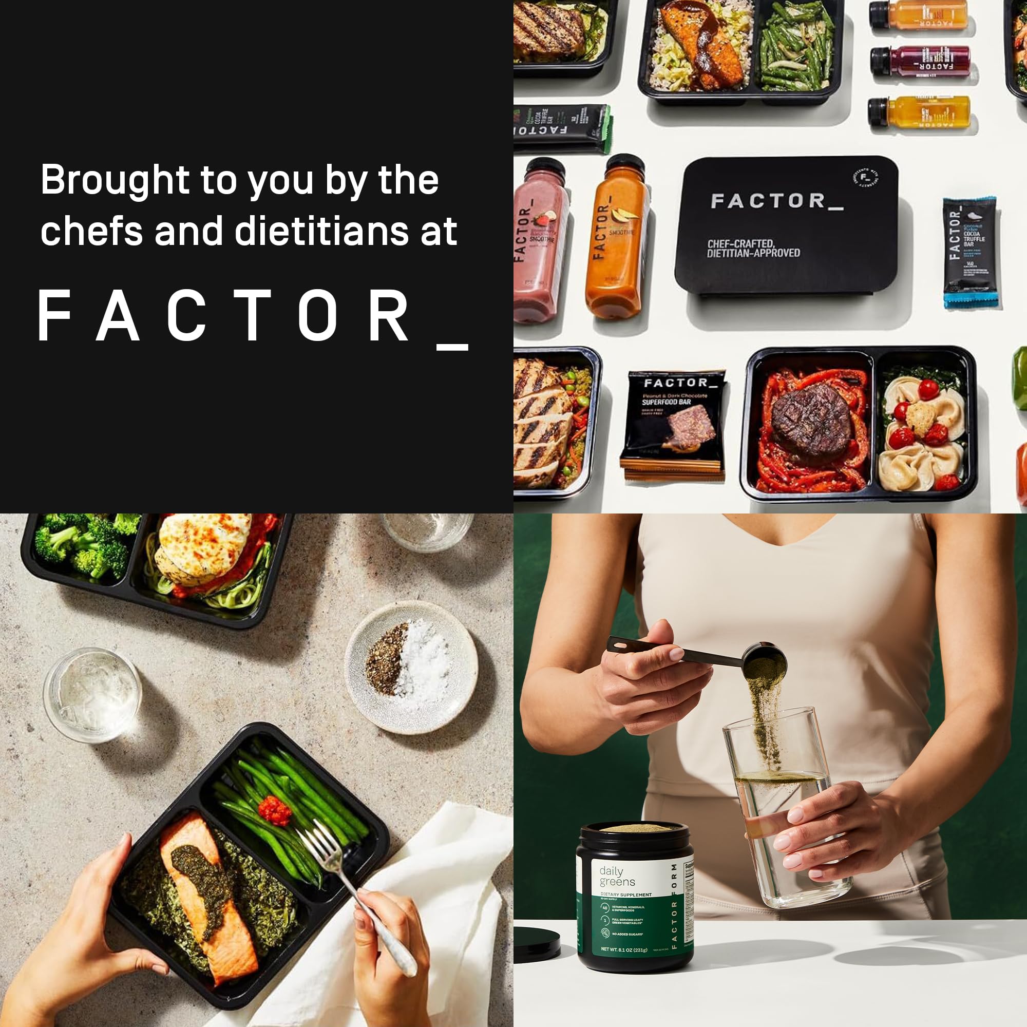 Étiquette claire Factor Form Daily Greens, design lisible pour suivre les bénéfices.