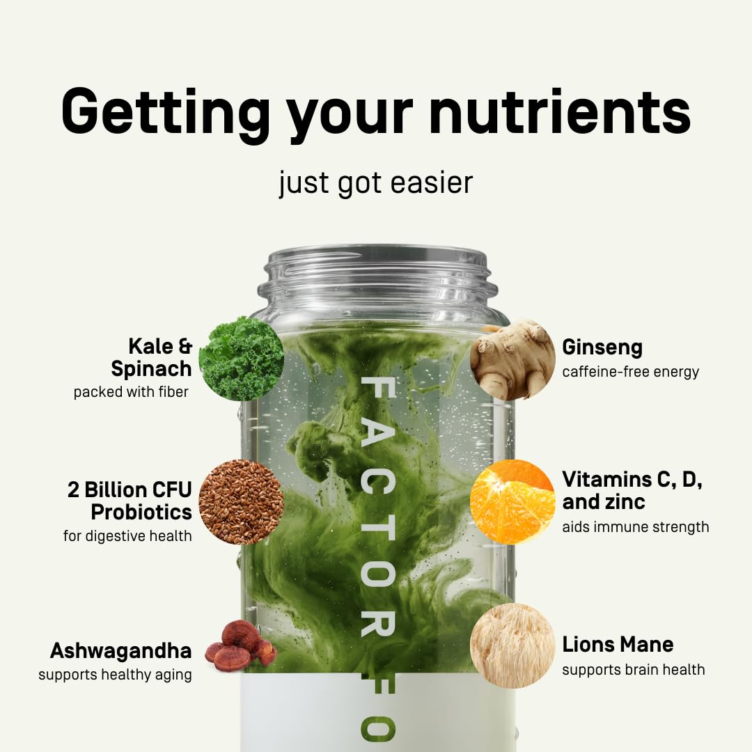 Factor Form Daily Greens poudre verte, texture fine et goût citrus rafraîchissant.