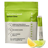 Factor Form Hydration Boost, sachet citron-lime prêt à mélanger pour une hydratation pratique.