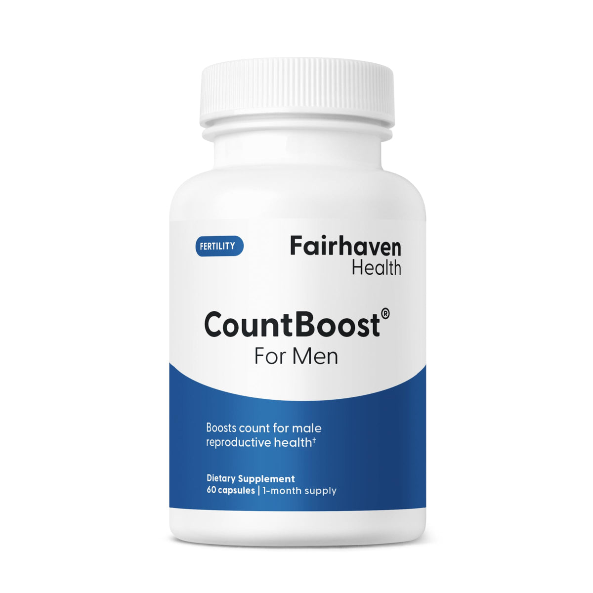 Fairhaven Health CountBoost – Bouteille et dosage, soutien potentiel à la fertilité masculine.