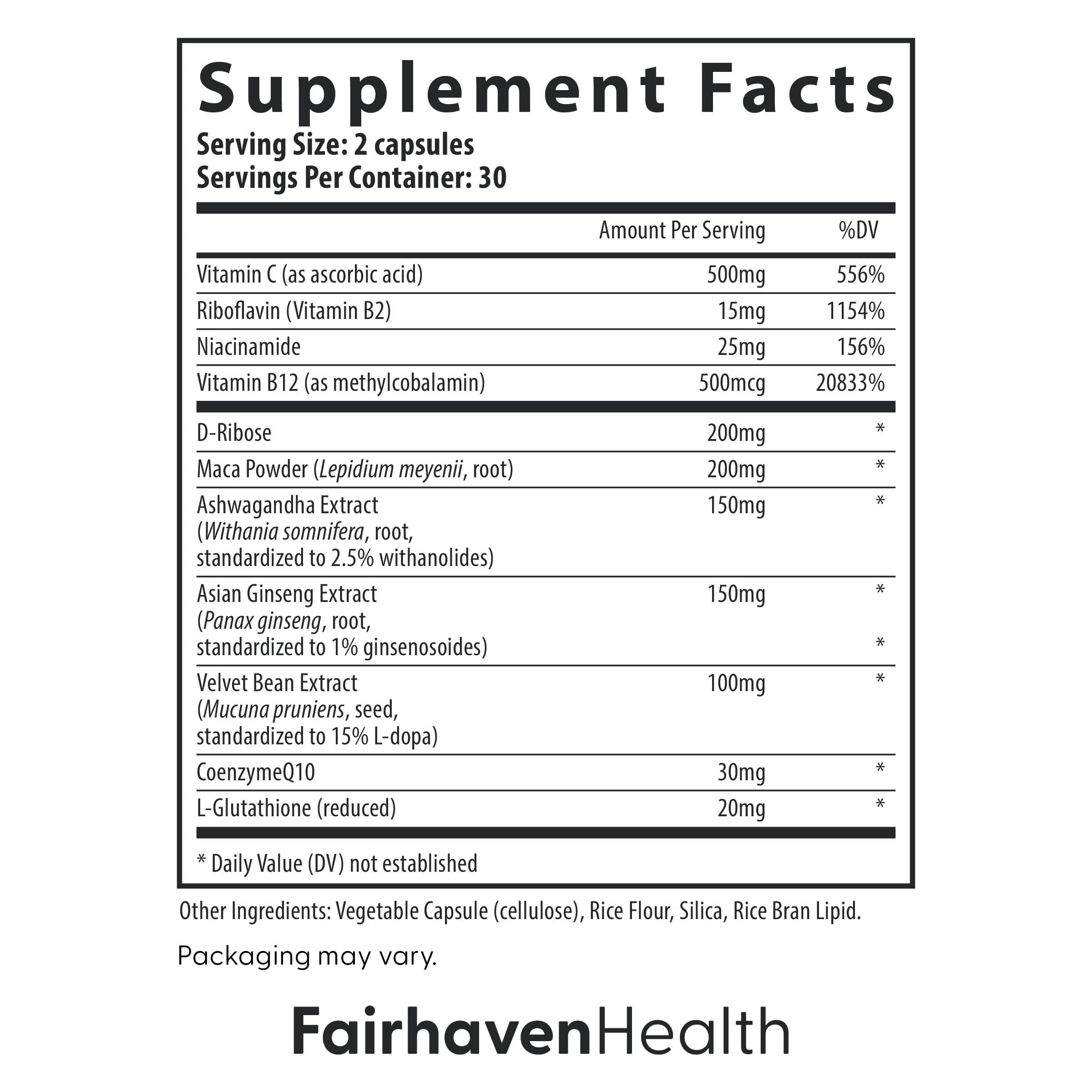 Fairhaven Health CountBoost – Ingrédients clés vitamine C et CoQ10, antioxydants utiles.