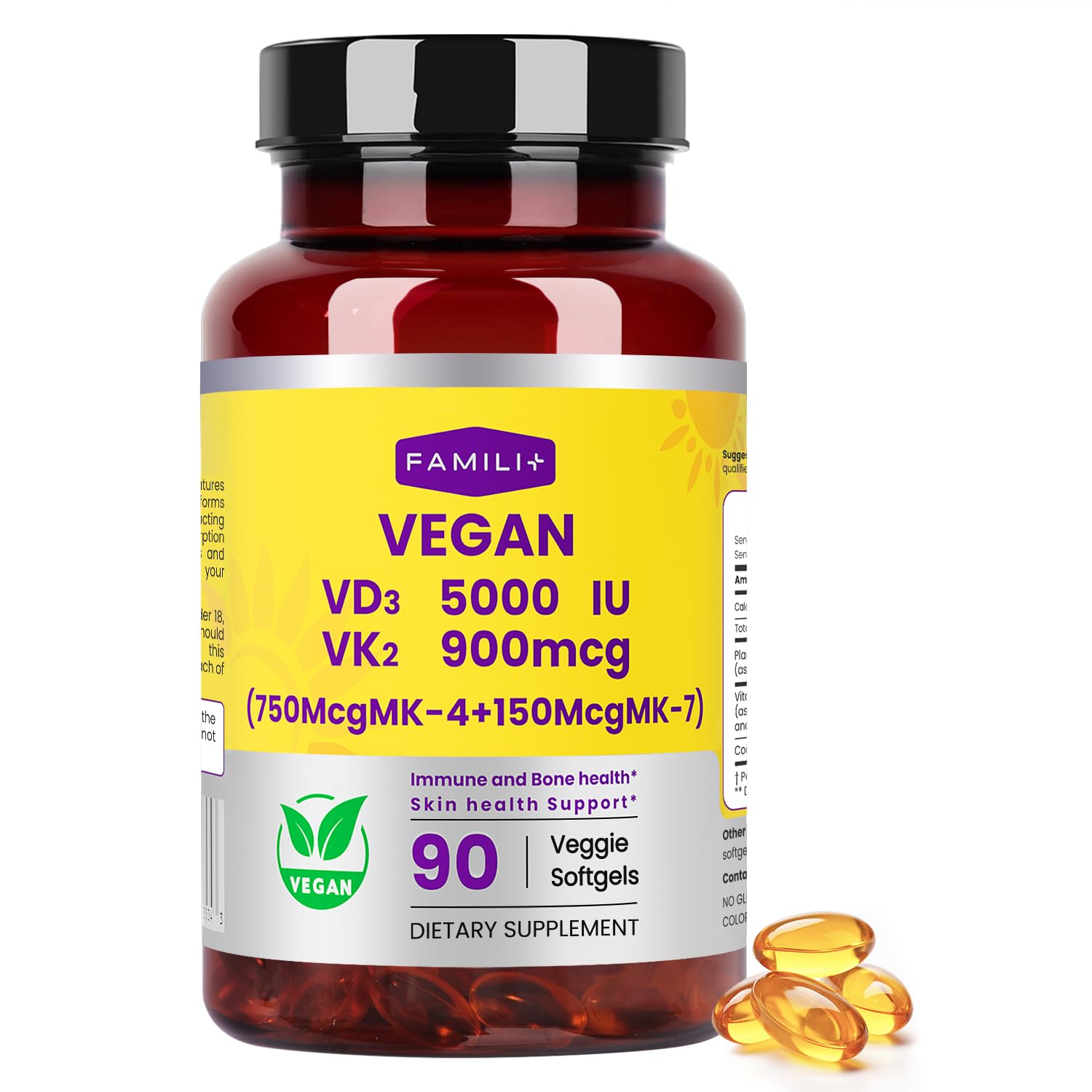 Bouteille FAMILI+ D3 K2 en gélules véganes pour une routine quotidienne.