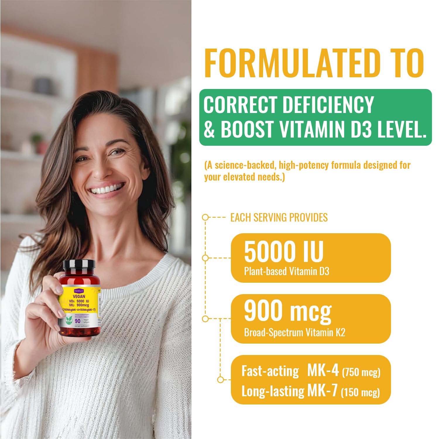 Dosage puissant: 5000 UI D3 et 900 mcg K2 pour FAMILI+.