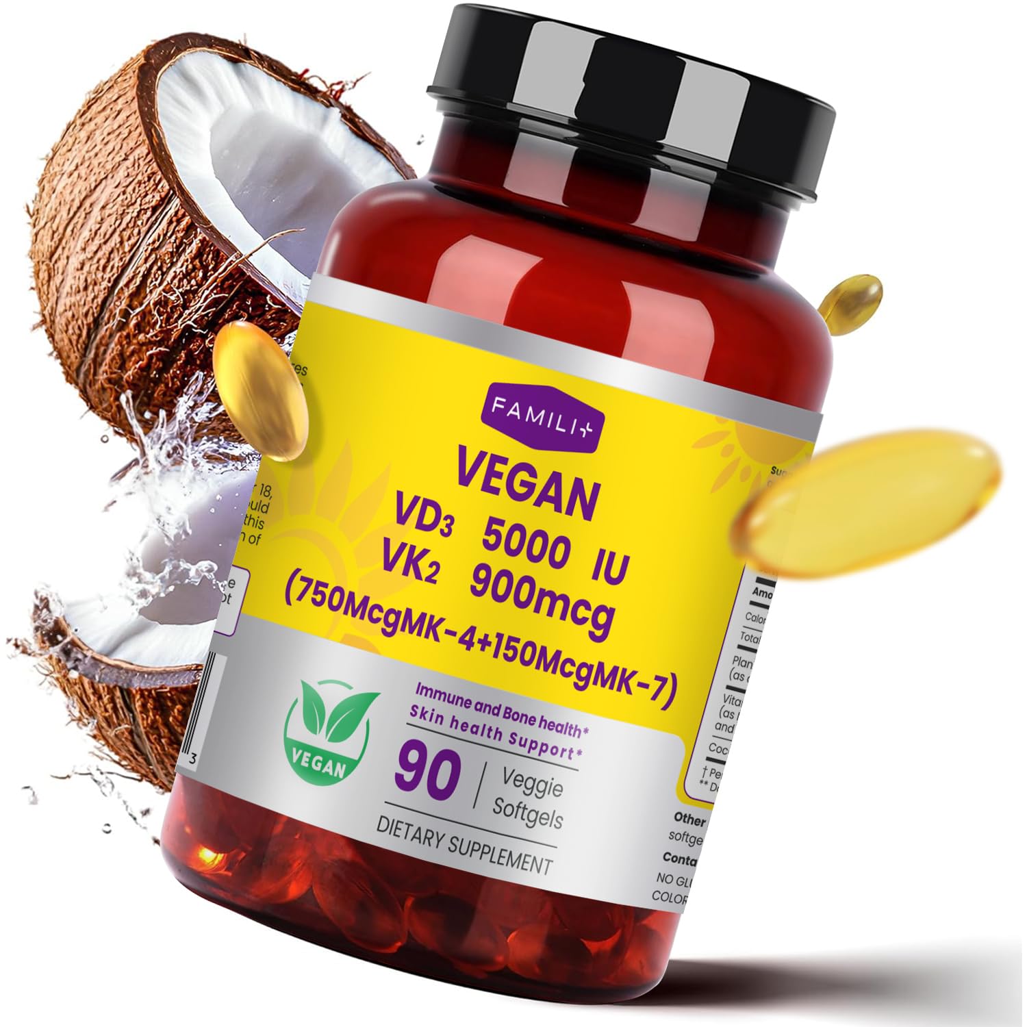 Gélules véganes FAMILI+ D3 K2 favorisant l'assimilation grâce à l'huile MCT de coco.