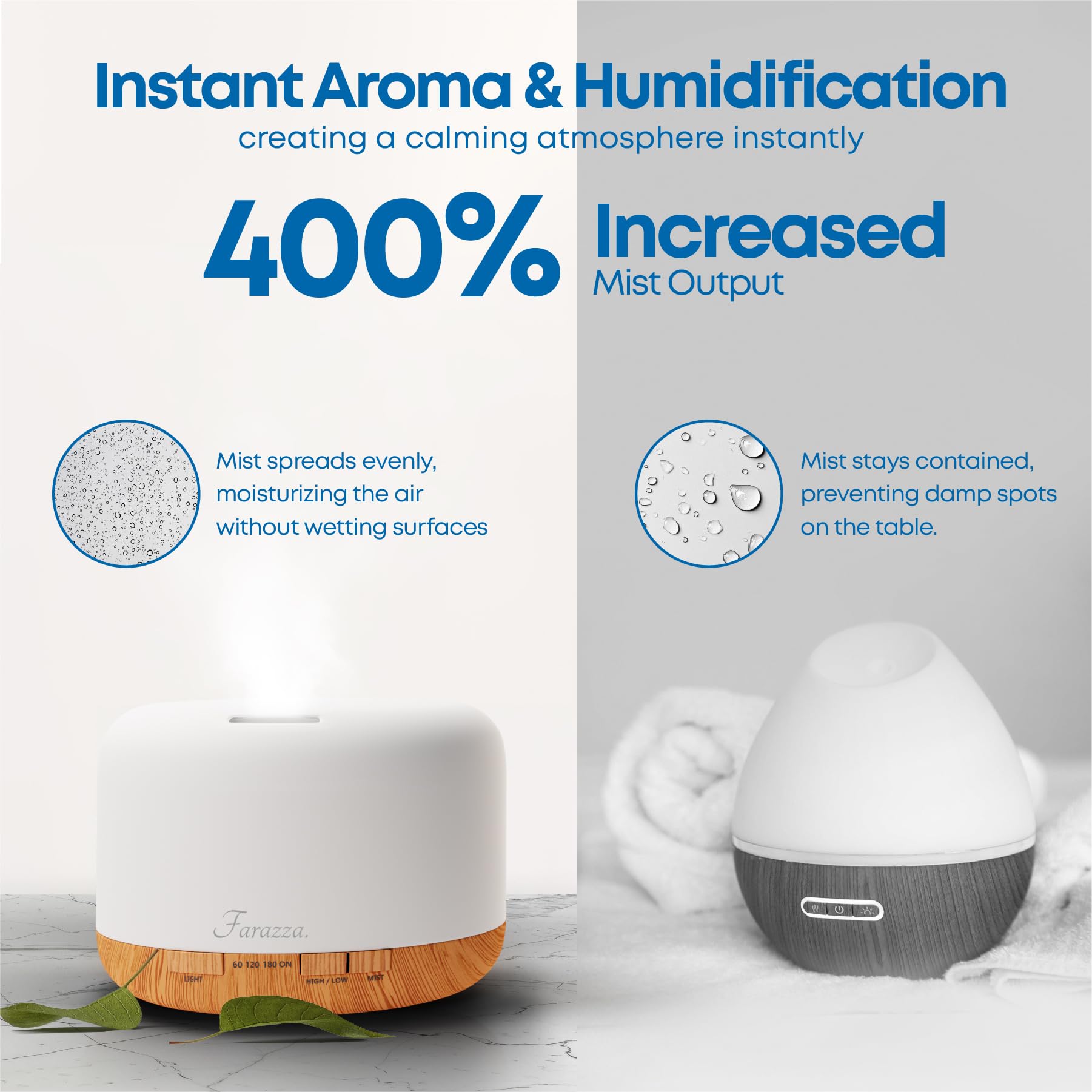 Capacité 500 ml et autonomie jusqu'à 18 heures pour aromathérapie prolongée.