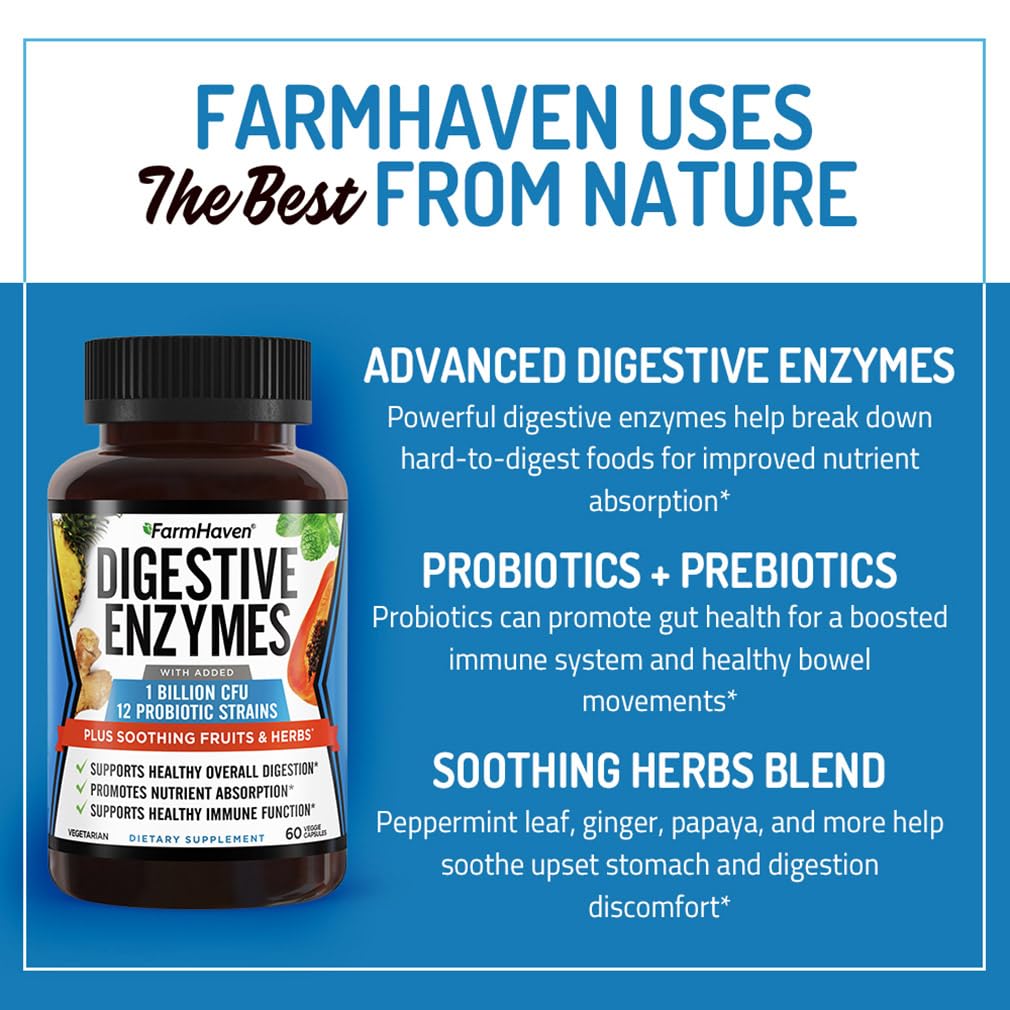 FarmHaven Digestive Enzymes: étiquette claire et pratique pour les repas quotidiens.