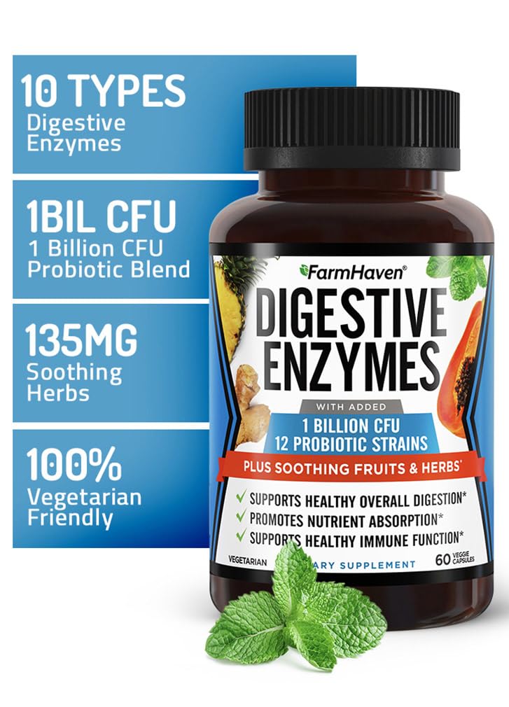 FarmHaven Digestive Enzymes: flacon et probiotiques pour un microbiome potentiellement équilibré.