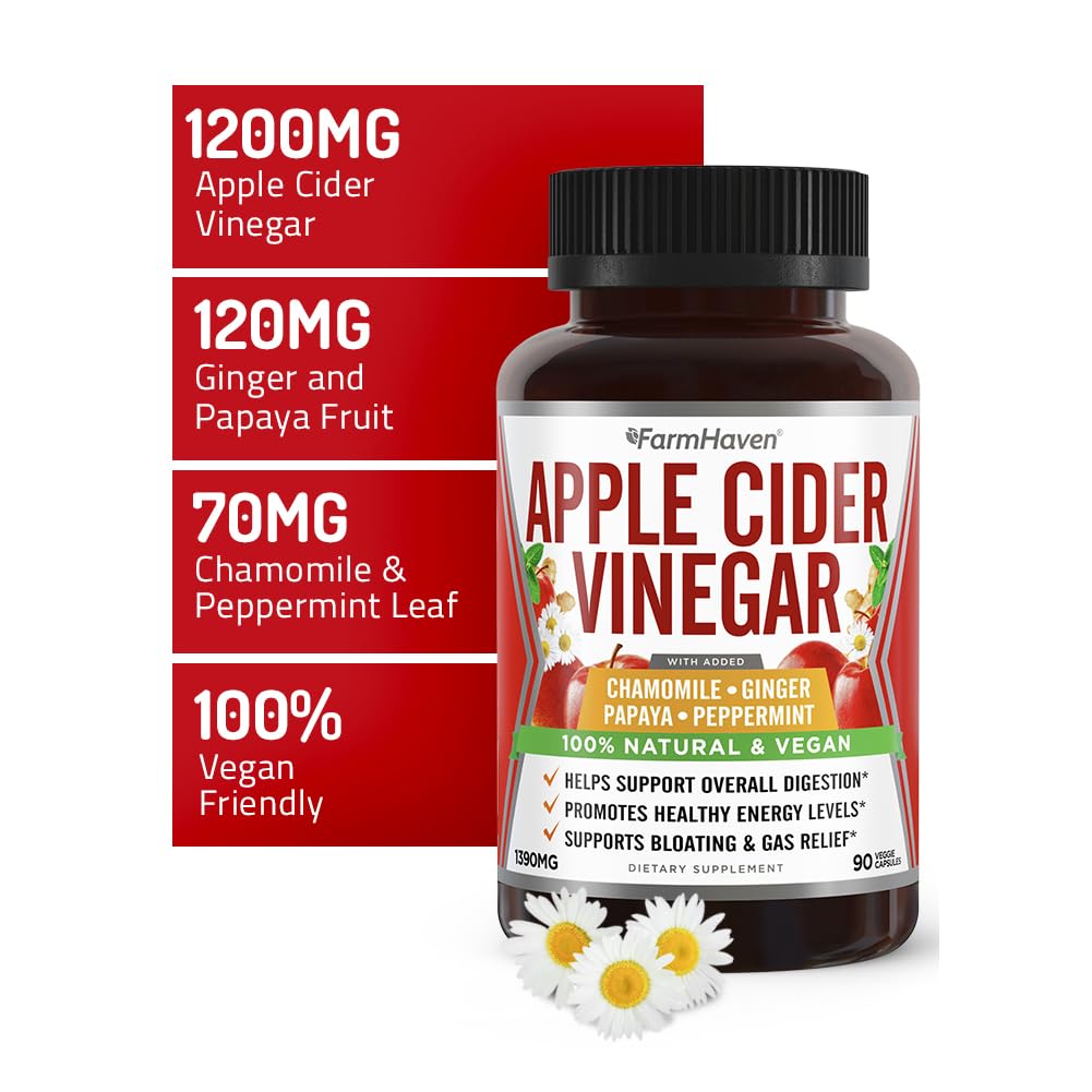 Gélules FarmHaven au vinaigre de cidre avec gingembre et papaye pour digestion douce.