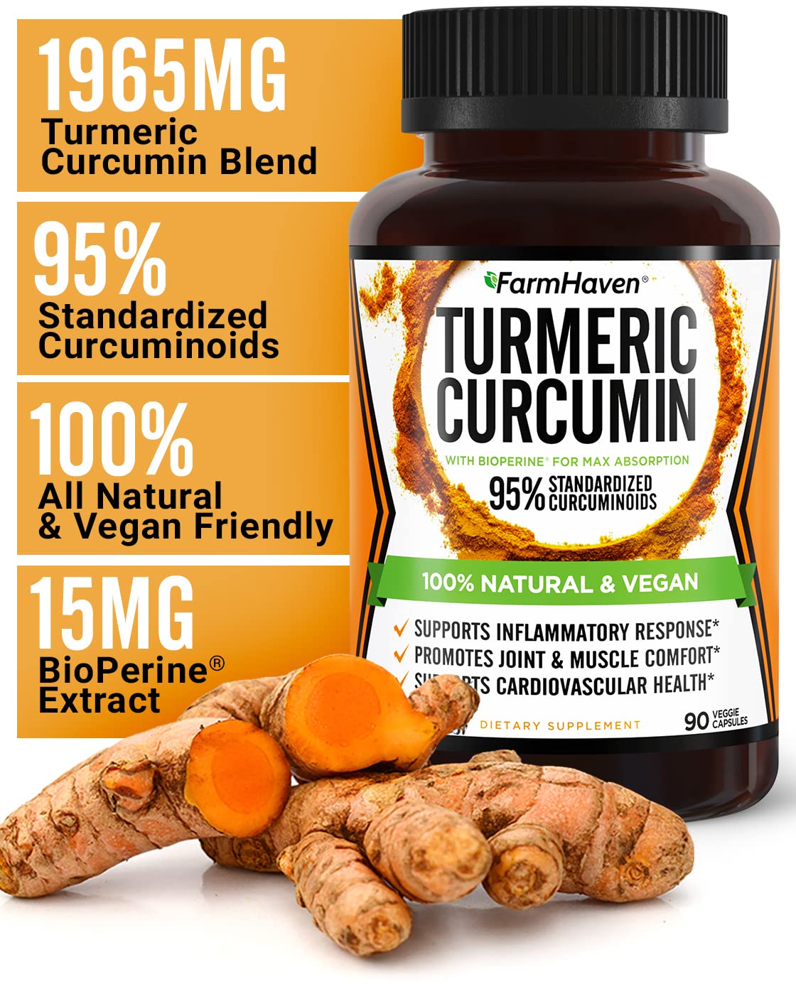 Étiquette FarmHaven Turmeric Curcumin indiquant dosage élevé et curcuminoïdes.