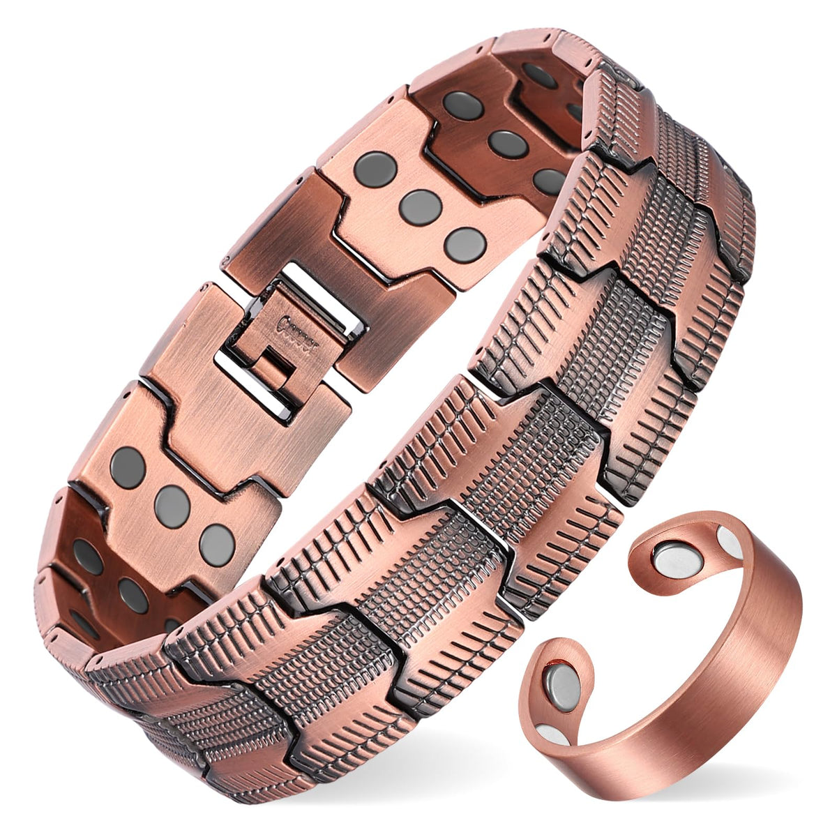 Bracelet Fashtour cuivre 3x aimants en gros plan, style masculin et énergie potentielle.