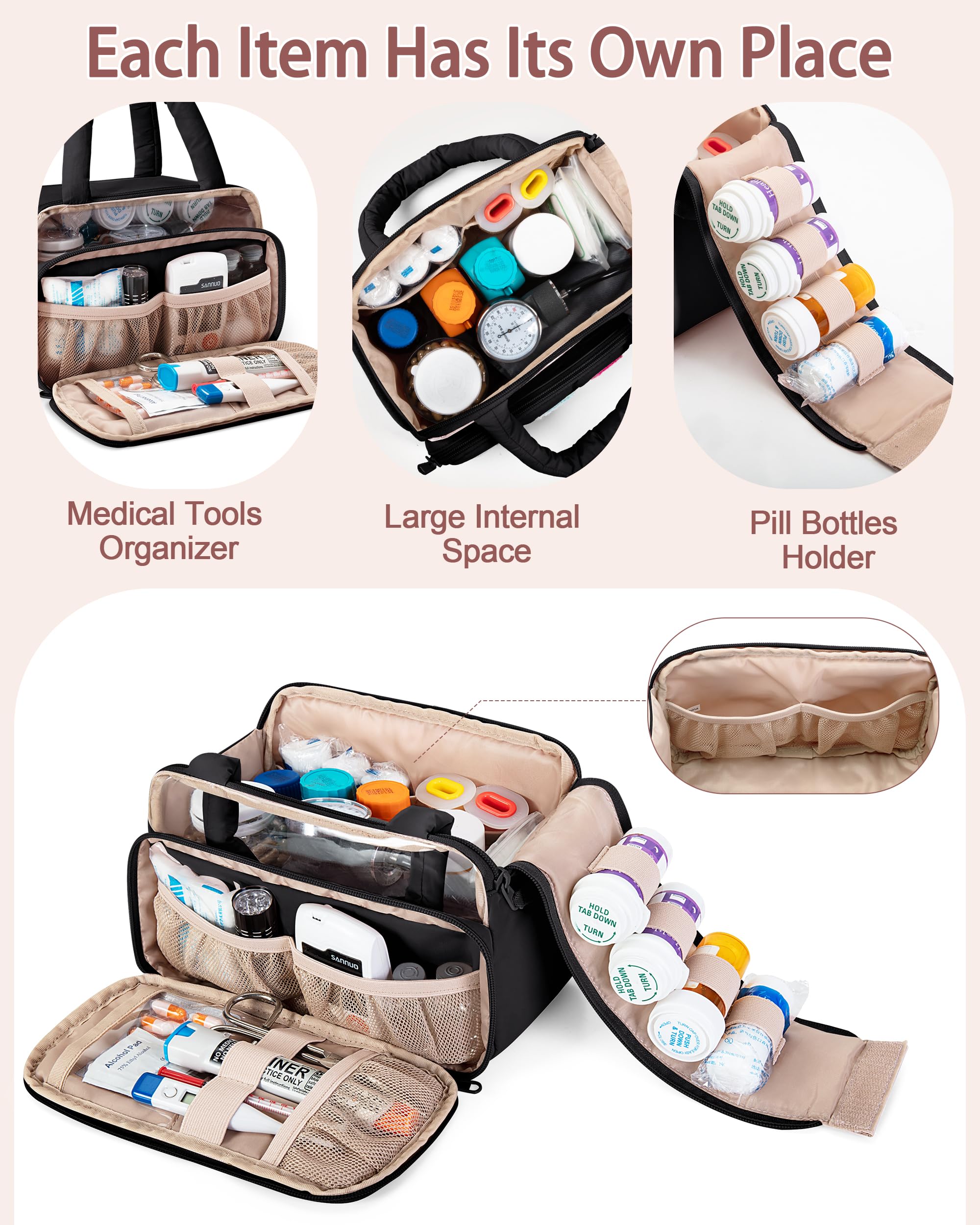 Fasrom sac medicament chenille interieur organiseur, poches pratiques pour tri des pilules et pansements.