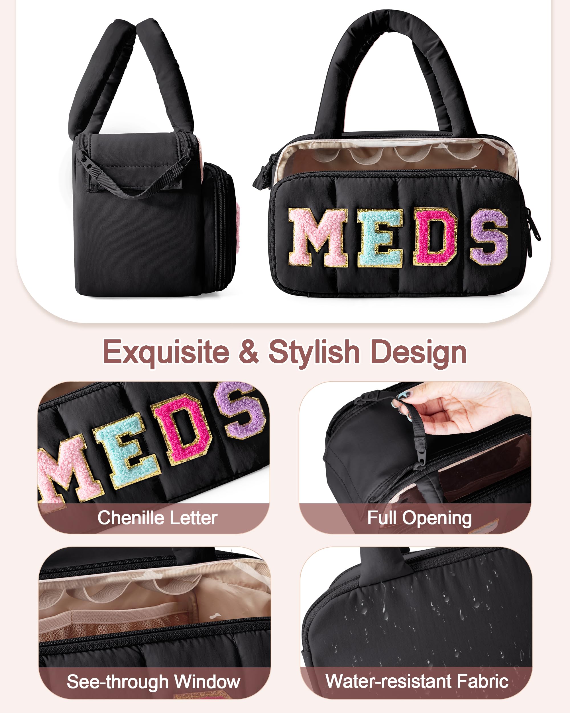 Fasrom sac medicament chenille poches maille, rangements sécurisés pour bouteilles et petits objets.