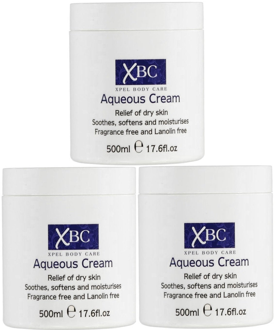 Fastaid XBC Crème émolliente aqueuse, grand pot 3x500 ml, apaise et hydrate la peau.