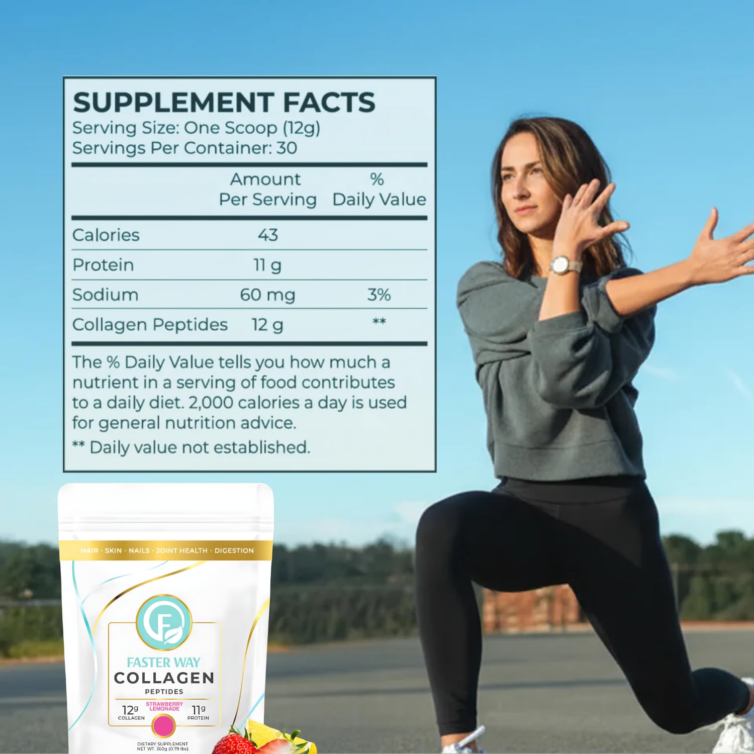 Faster Way Collagen: emballage bouteille pratique pour 30 portions