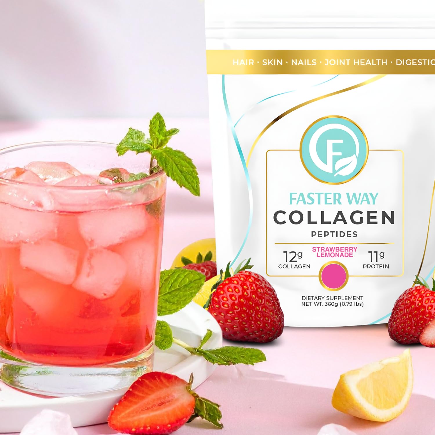 Fraise-citronnade Faster Way Collagen : saveur légère dans smoothie