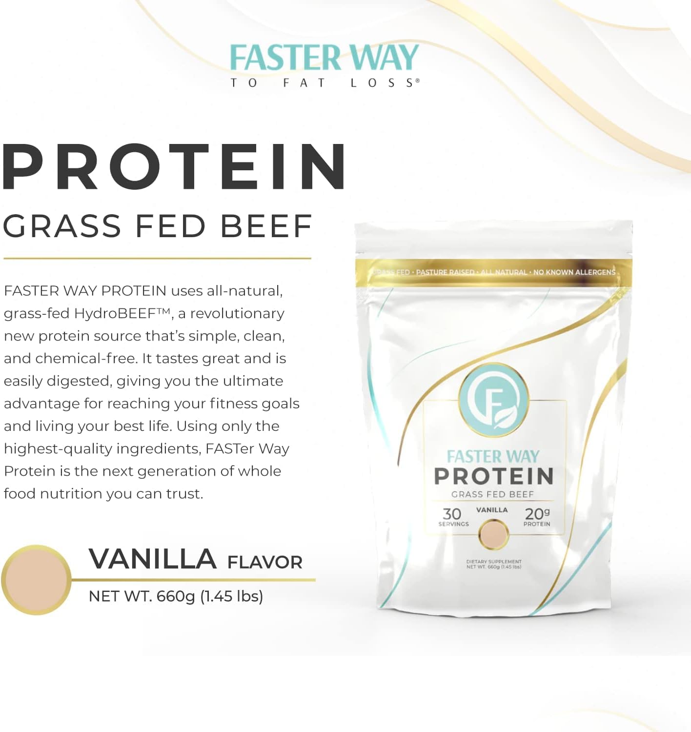 FASTer Way Protéine Boeuf Vanille Scoop, dosage pratique pour l'entraînement.