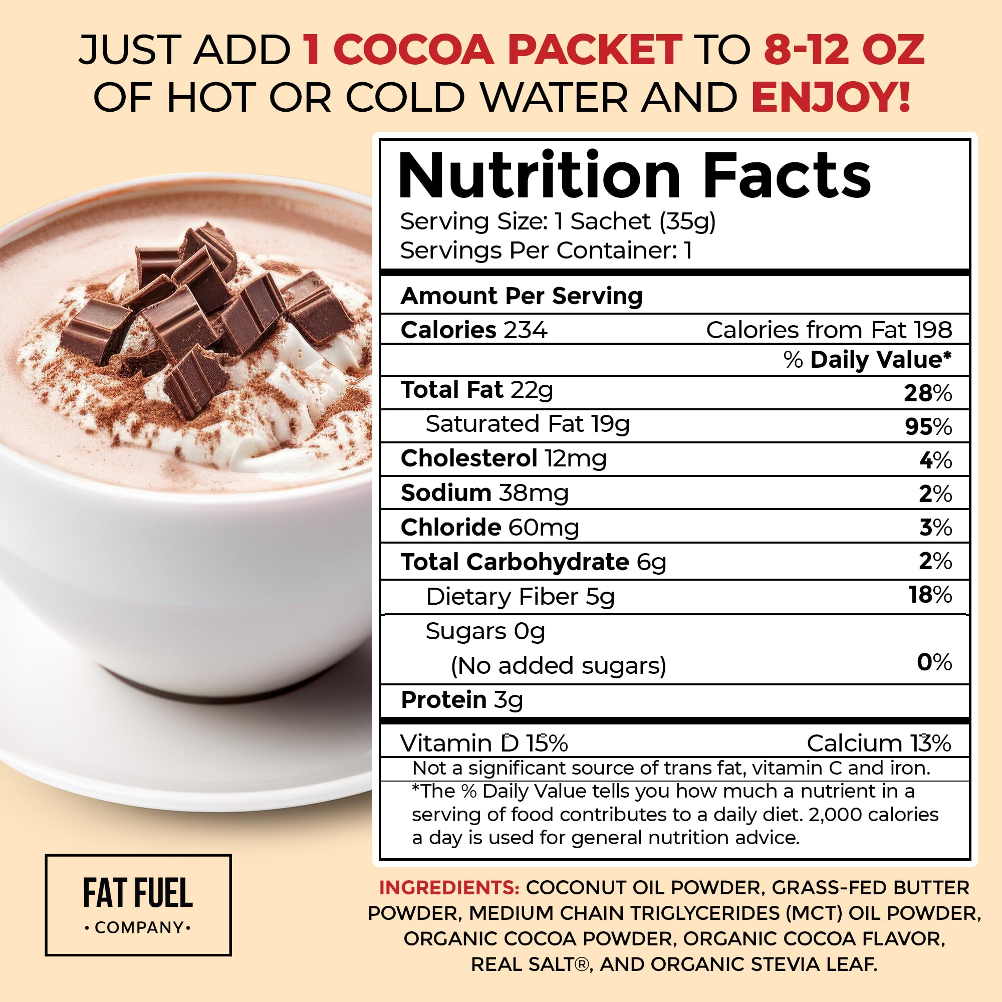 Texture veloutée et chocolatée de Fat Fuel Keto Cocoa 22g.