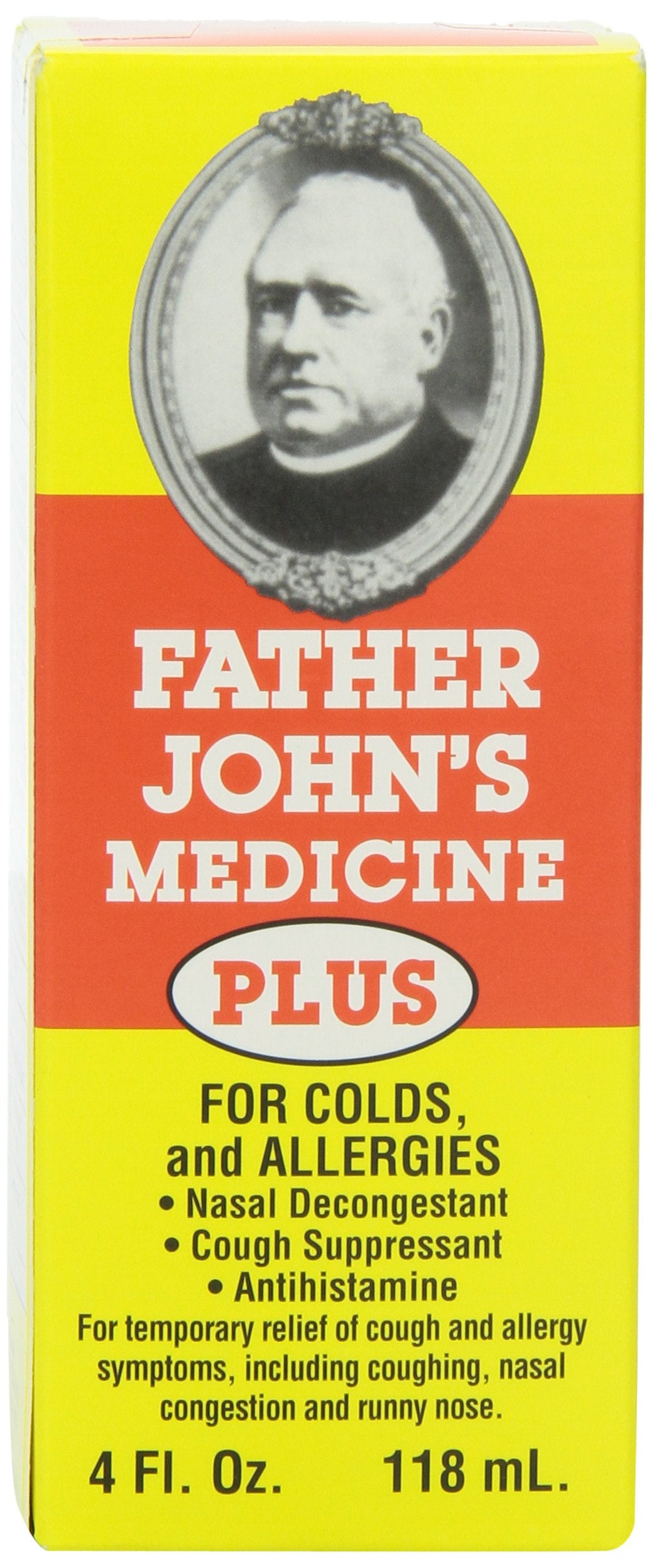 Bouteille Father John's Plus prête à soulager temporairement les symptômes du rhume et de la toux.