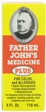 Bouteille Father John's Plus prête à soulager temporairement les symptômes du rhume et de la toux.