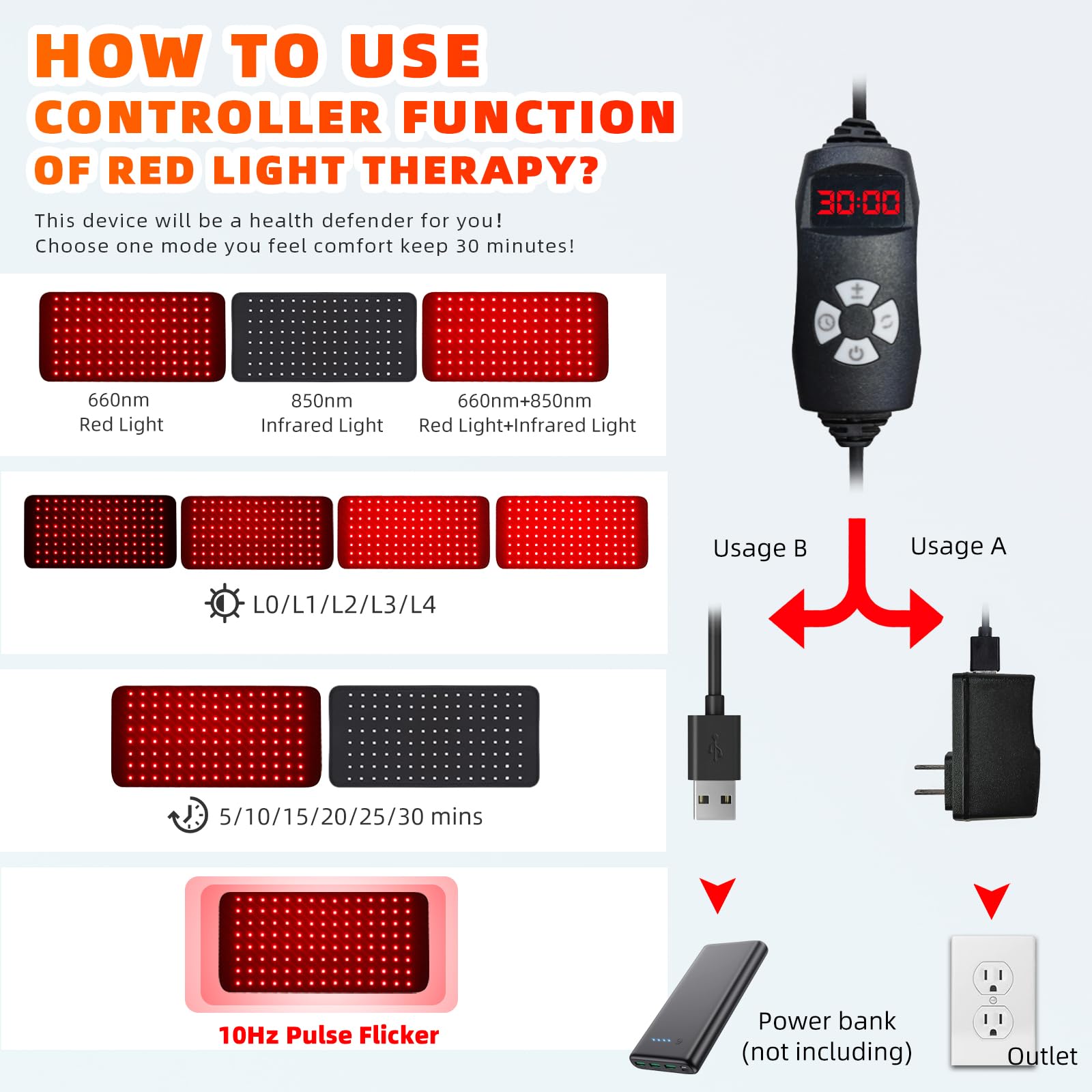 Feangli bandes genou, lumière rouge pour soutenir les articulations et la mobilité.