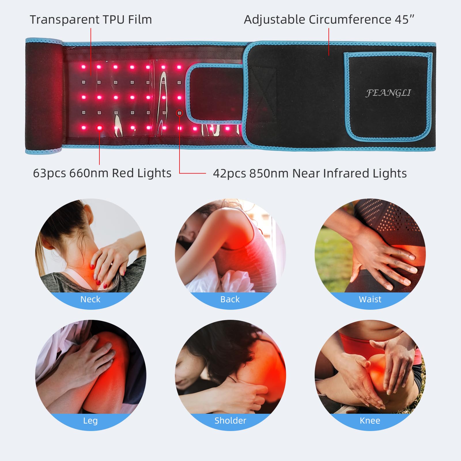feangli ceinture thérapie lumière rouge 660nm-850nm pour taille, ajustement confortable.