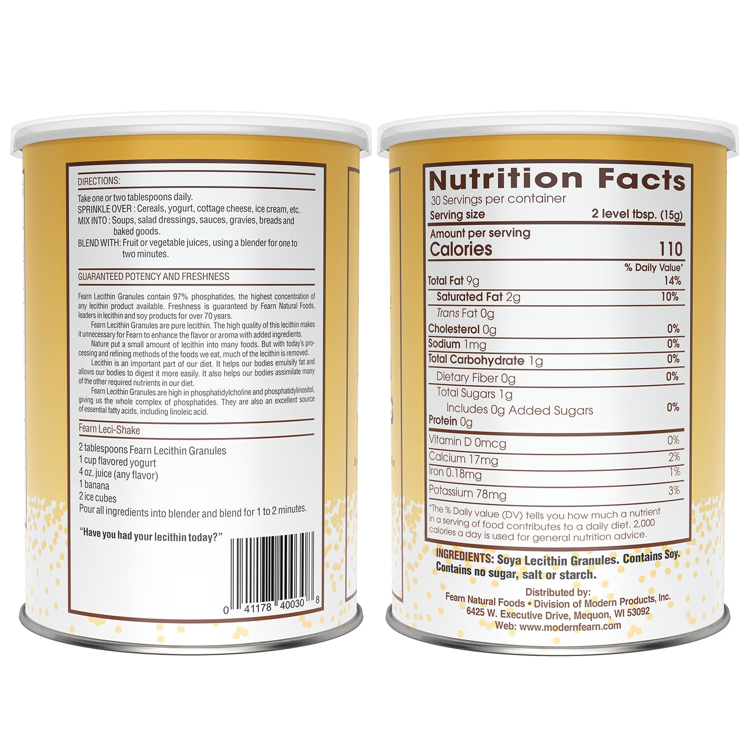 Fearn Lécithine de soja en grains – doseur pratique pour ajouter en cuisine.