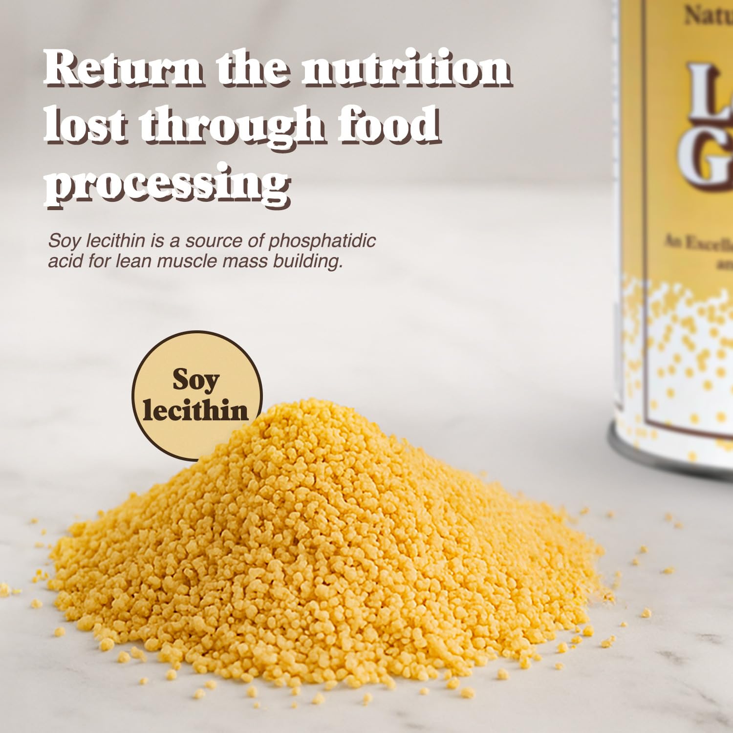 Fearn Lécithine de soja en grains – accompagne yaourt et céréales pour un apport nutritionnel.