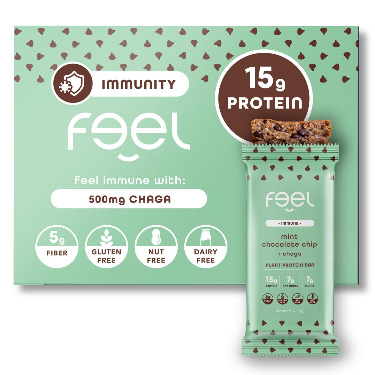 Barres Feel véganes menthe-chocolat, emballage visible, énergie pratique en déplacement.