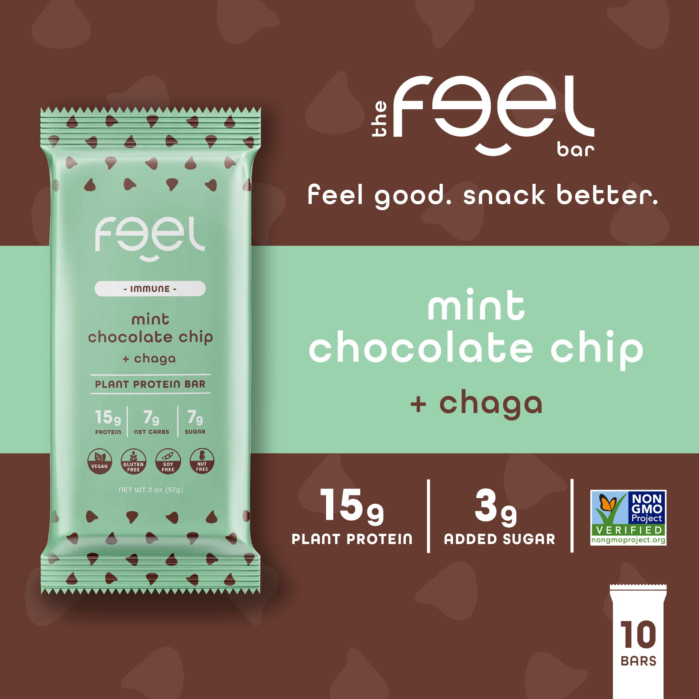 Texture crèmeuse des barres Feel, menthe-chocolat, parfaite pour une pause gourmande.